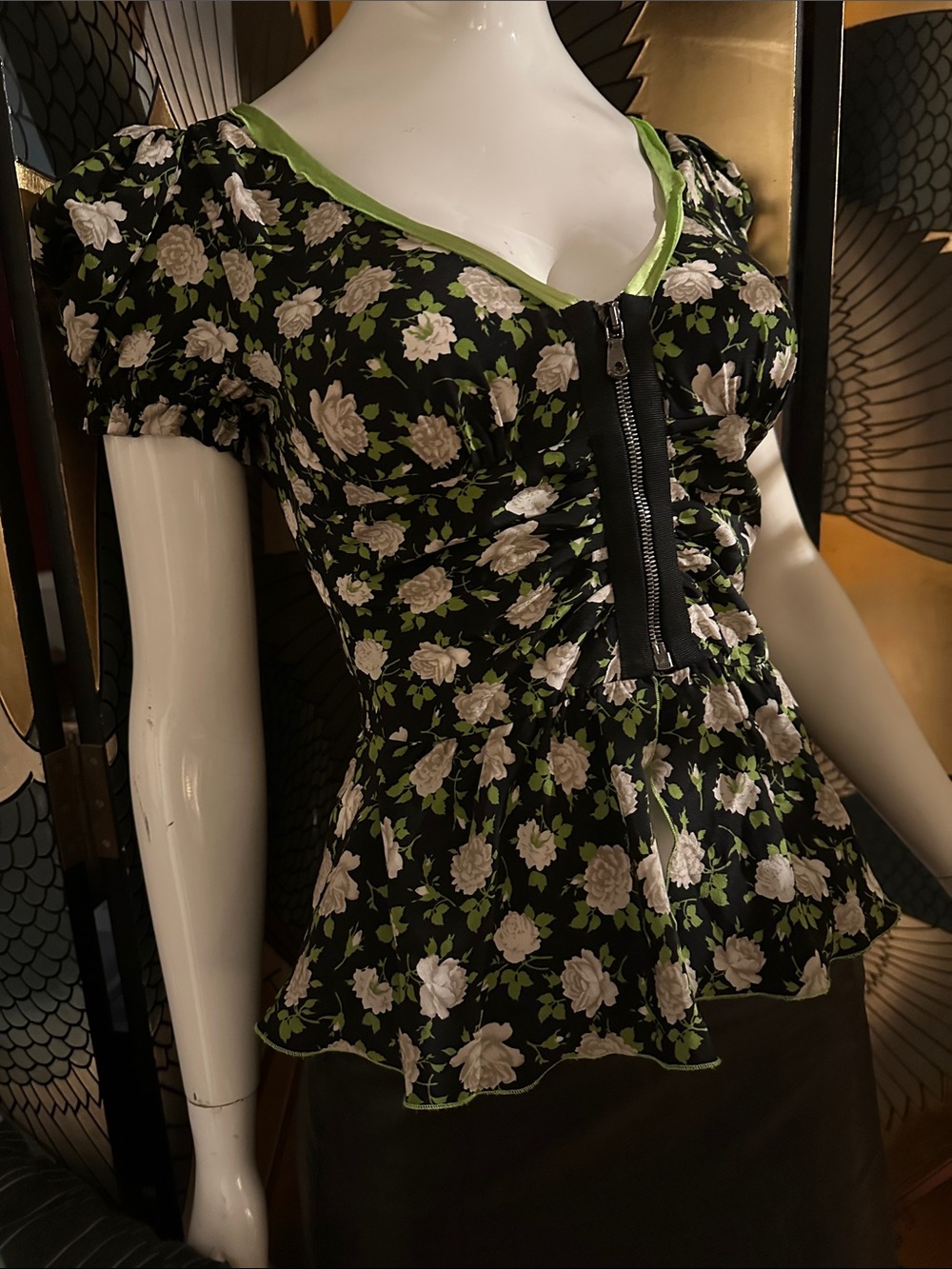 Dolce & Gabbana Black Floral Peplum Top with White Roses Print